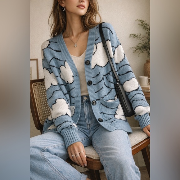 Steady Hands Sweaters - Steady Hands Cloud Pattern Cardigan Sweater Blue White M/L Cozy Indie Knit